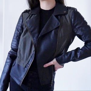 Black and Green Zip Up Fake Leather Moto Jacket